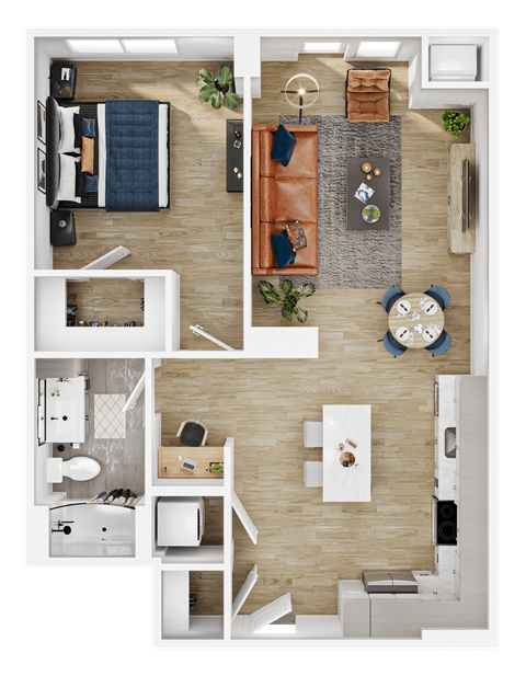 Floor plan for 1 bed, 1 bath, 735 sqft